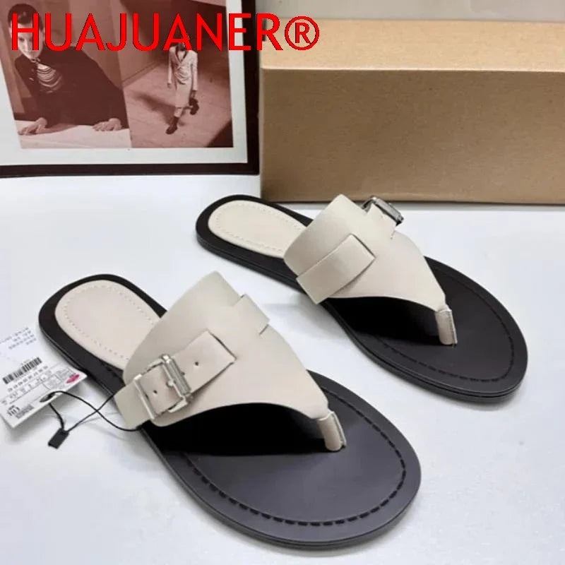 Women Flat Flip Flops 2026 Summer Luxury Brand Buckle Belt Ladies Beach Shoes Non-slip Sole Outdoor Breathable Leisure Slippers