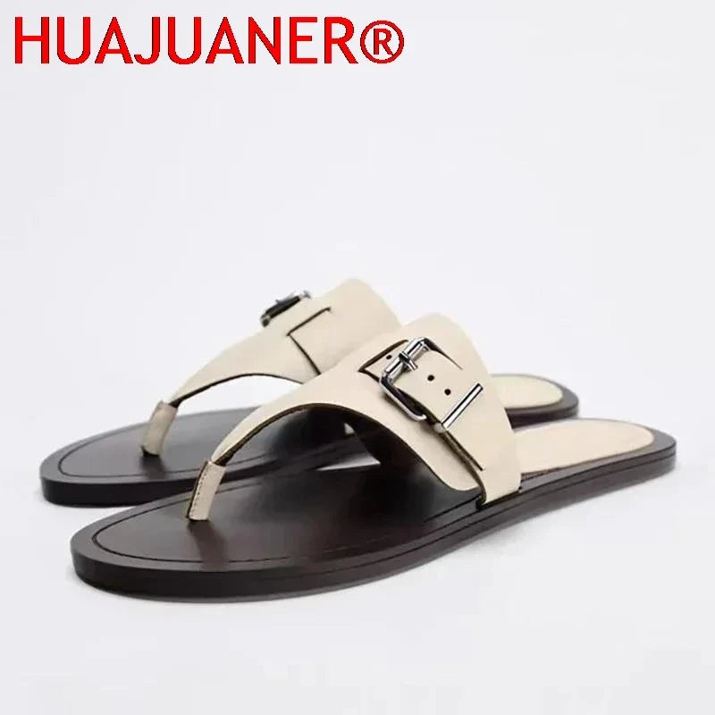 Women Flat Flip Flops 2026 Summer Luxury Brand Buckle Belt Ladies Beach Shoes Non-slip Sole Outdoor Breathable Leisure Slippers
