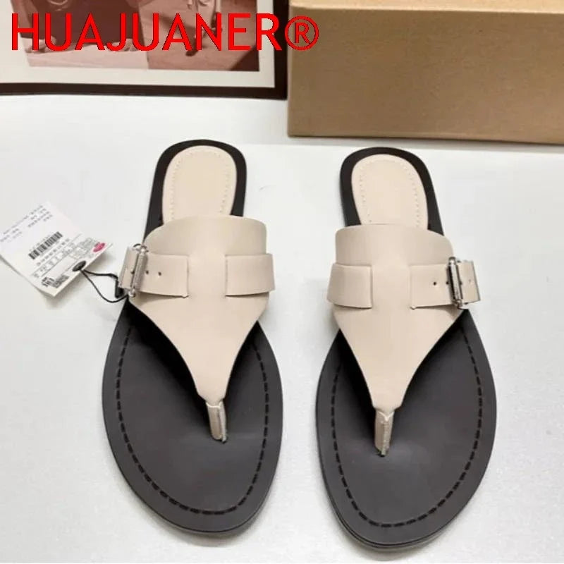 Women Flat Flip Flops 2026 Summer Luxury Brand Buckle Belt Ladies Beach Shoes Non-slip Sole Outdoor Breathable Leisure Slippers