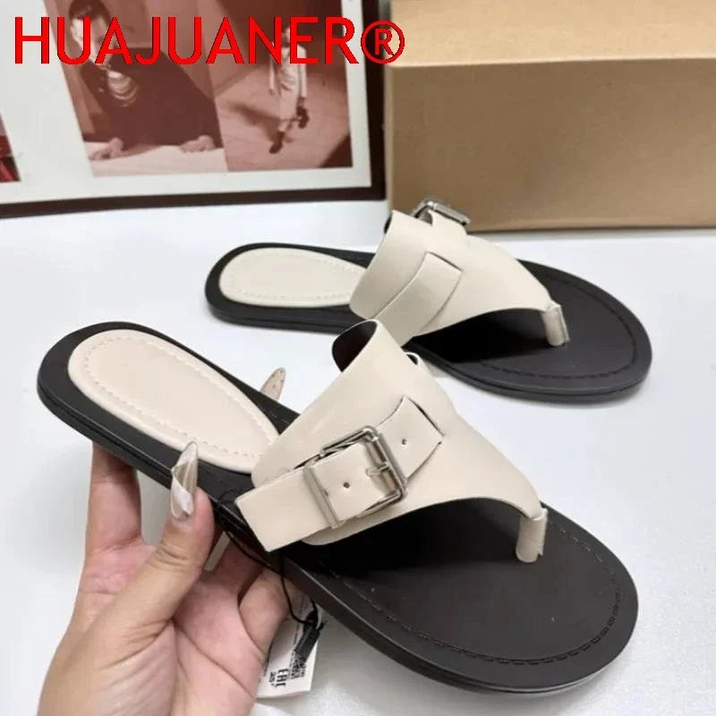 Women Flat Flip Flops 2026 Summer Luxury Brand Buckle Belt Ladies Beach Shoes Non-slip Sole Outdoor Breathable Leisure Slippers