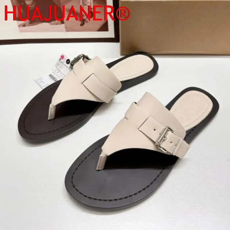 Women Flat Flip Flops 2026 Summer Luxury Brand Buckle Belt Ladies Beach Shoes Non-slip Sole Outdoor Breathable Leisure Slippers