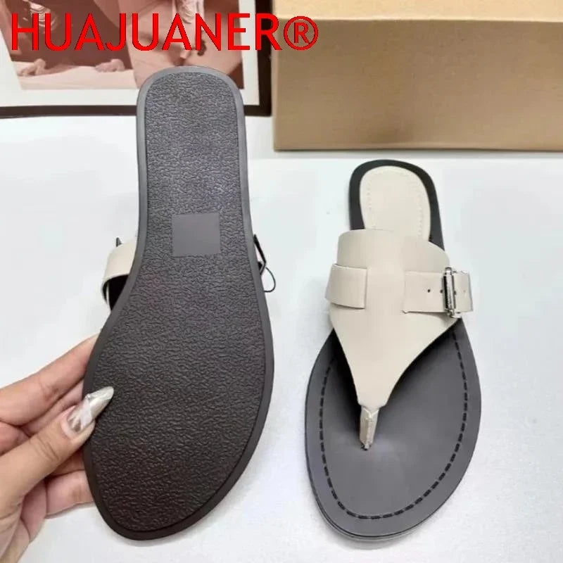 Women Flat Flip Flops 2026 Summer Luxury Brand Buckle Belt Ladies Beach Shoes Non-slip Sole Outdoor Breathable Leisure Slippers